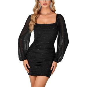 Chic Black Ruched Dress with Sheer Sleeves